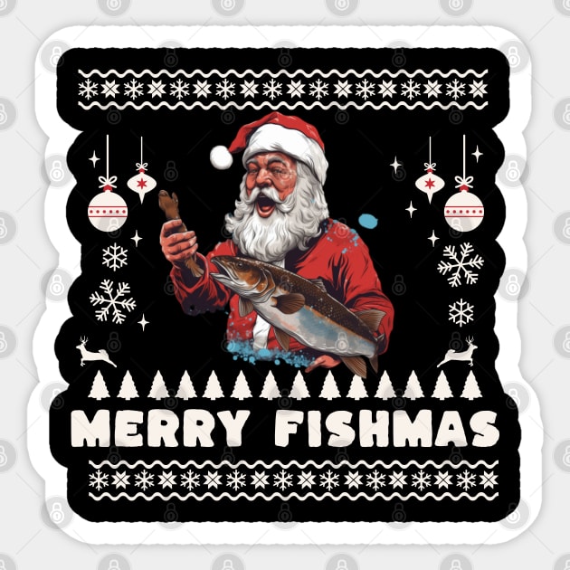 Merry Fishmas Santa Fishing Ugly Christmas Sweater Sticker by VisionDesigner